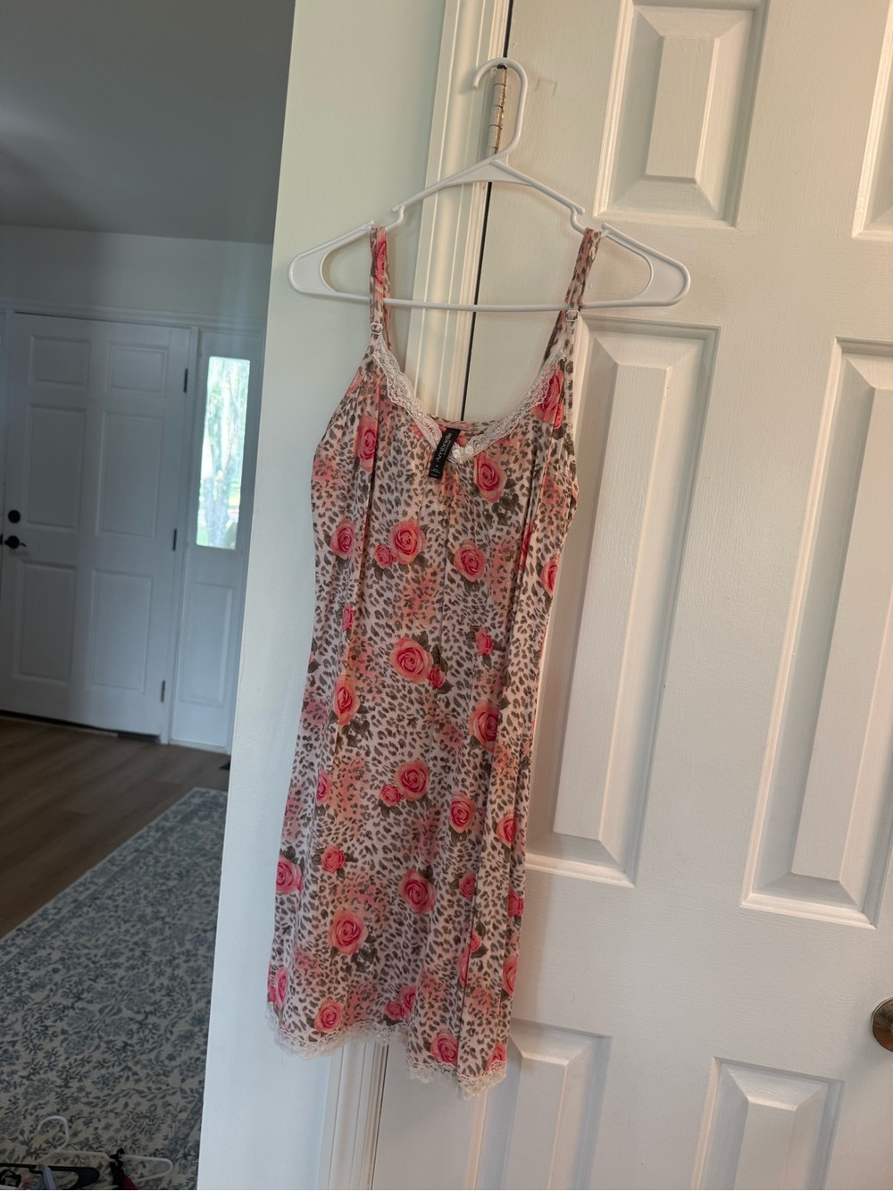 Ambrielle Pink Rose-Print Lace Trim Slip Dress